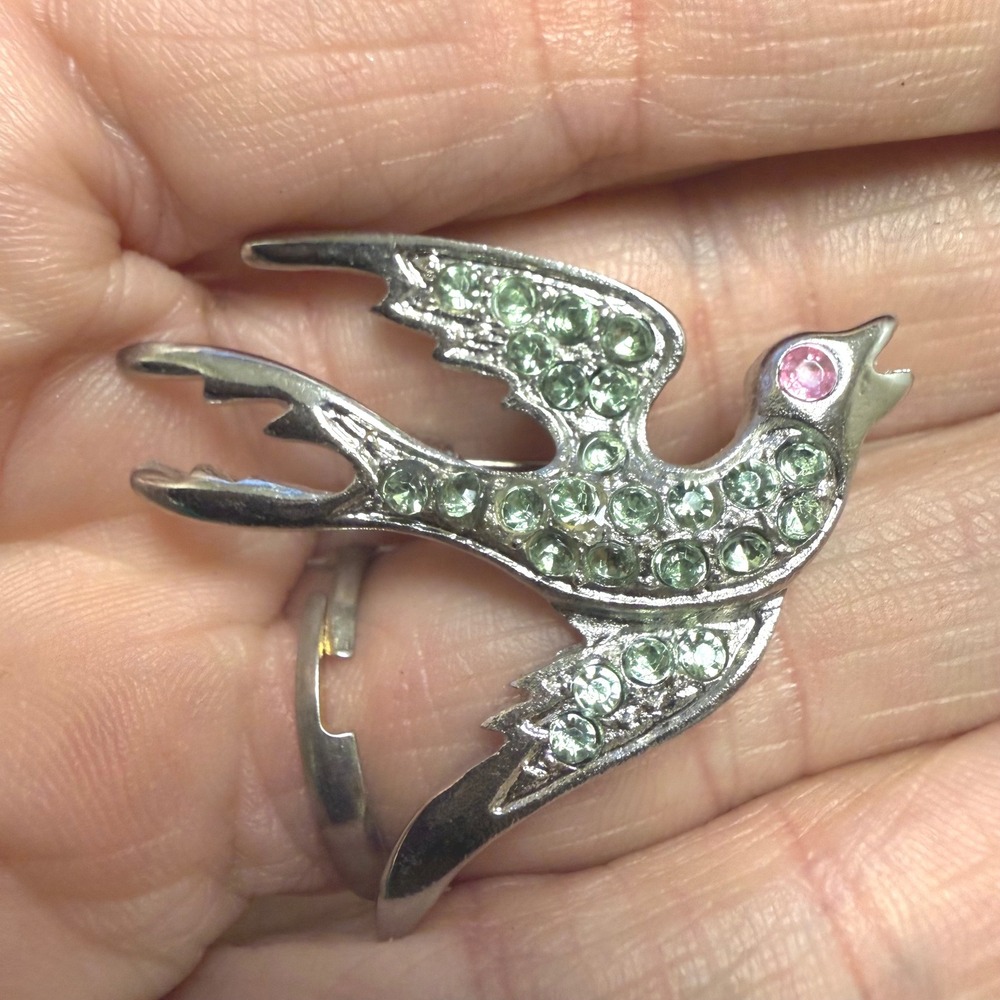 Vintage‎ Silver Tone Green Rhinestone Swallow Bird Brooch Pin Pink Eye 1.25"